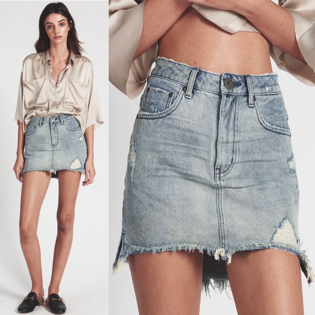 One X One Teaspoon 2020 High Waist Distressed Mini Skirt Light Blue Sz 24 Xs